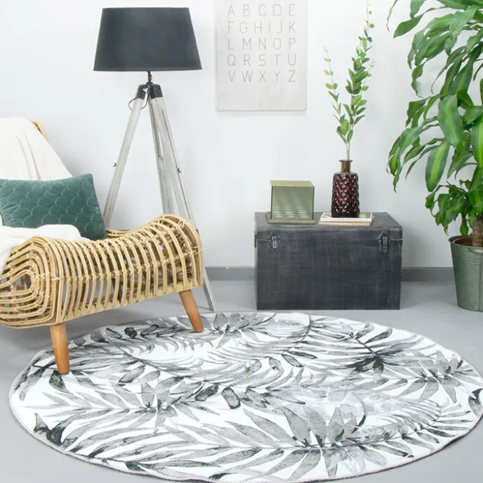 Boho Teppich Rund - Palmier Blätter Grau