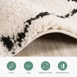 Hochflor Läufer - Grand Lines Creme Schwarz