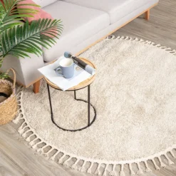Teppich Hochflor Rund - Lofty Fringe Creme Weiß