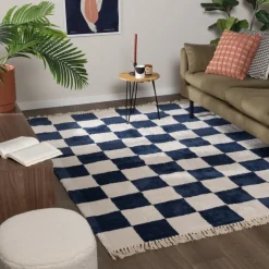 Teppich kariert - Blox Fringe blau weiß
