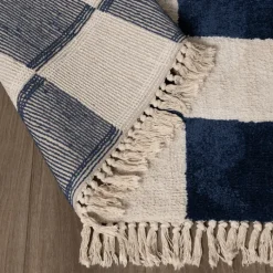 Teppich kariert - Blox Fringe blau weiß