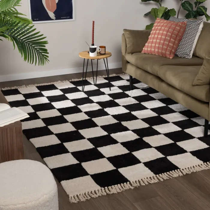 Teppich kariert - Blox Fringe schwarz weiß