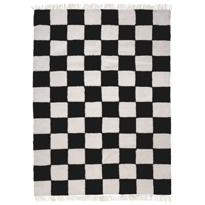 Teppich kariert - Blox Fringe schwarz weiß