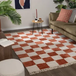 Teppich kariert - Blox Fringe terracotta weiß