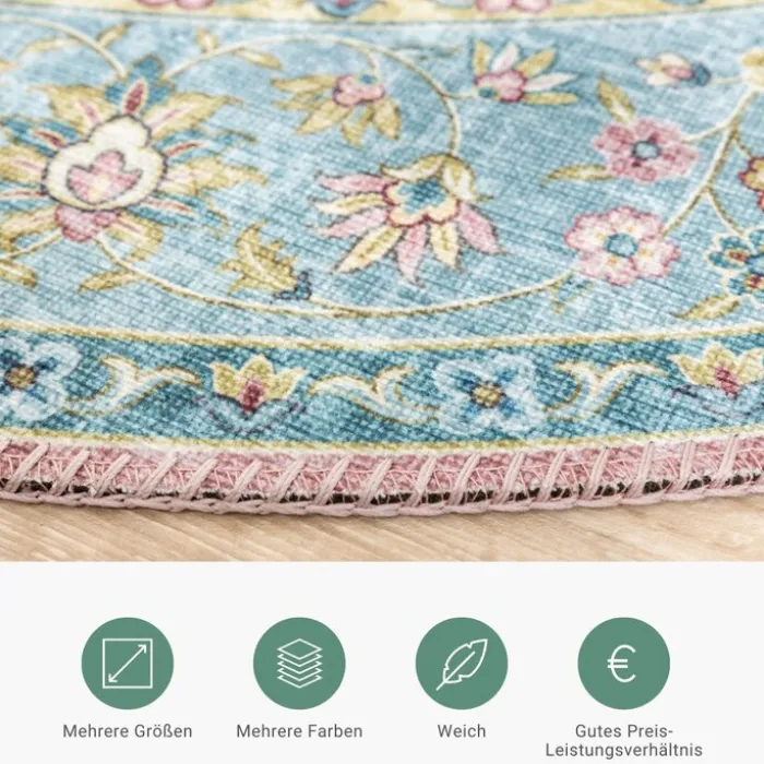 Teppich Vintage Rund - Lily Medaillon Hellblau Türkis