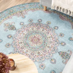 Teppich Vintage Rund - Lily Medaillon Hellblau Türkis