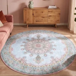 Teppich Vintage Rund - Lily Medaillon Hellblau Türkis