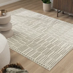 Teppich Wohnzimmer - Yune Lines Creme Grün